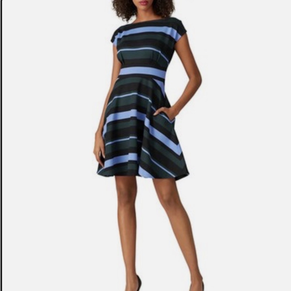 Kate Spade Striped Fit Flare Dress Small Blue Green Black Boat Neck Pockets